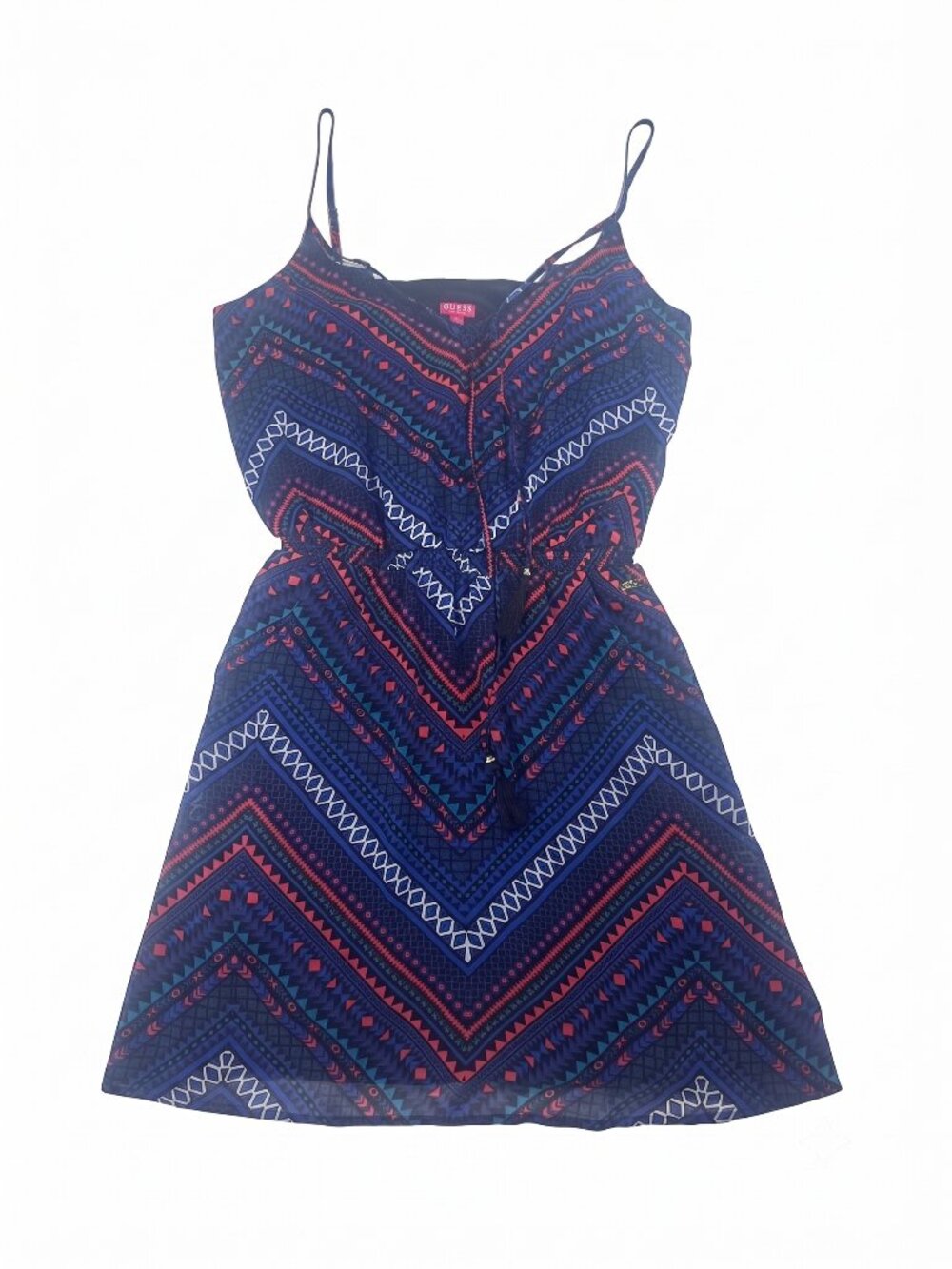 GUESS Blue Geometric Chevron Pattern Cami Mini Dress Boho Tassel - Size XS 